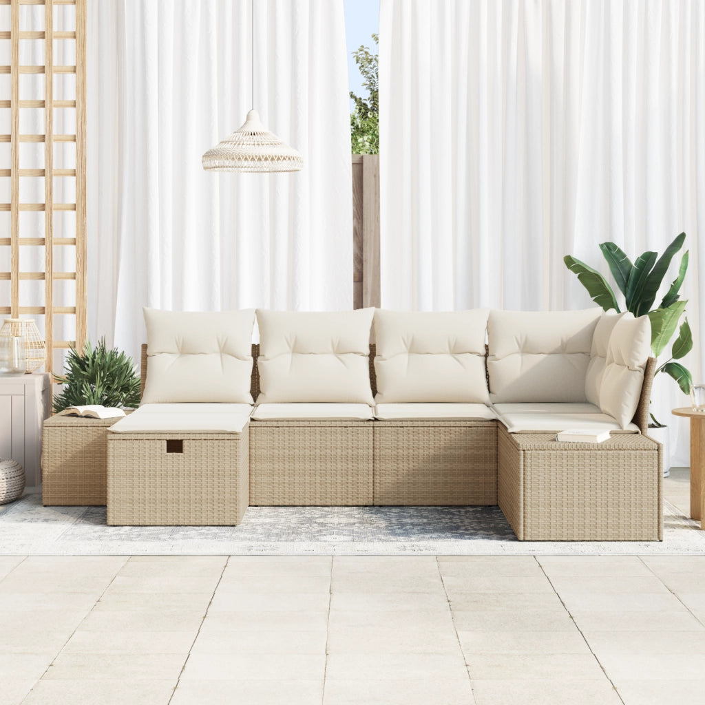 Set Divano da Giardino 6 Pezzi con Cuscini Beige Rattan
