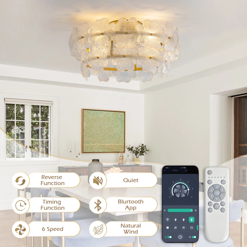 VENTILATORE DA SOFFITTO CON LUCE 55x55x23,5 cm Oro/Vetro, app e telecomando
