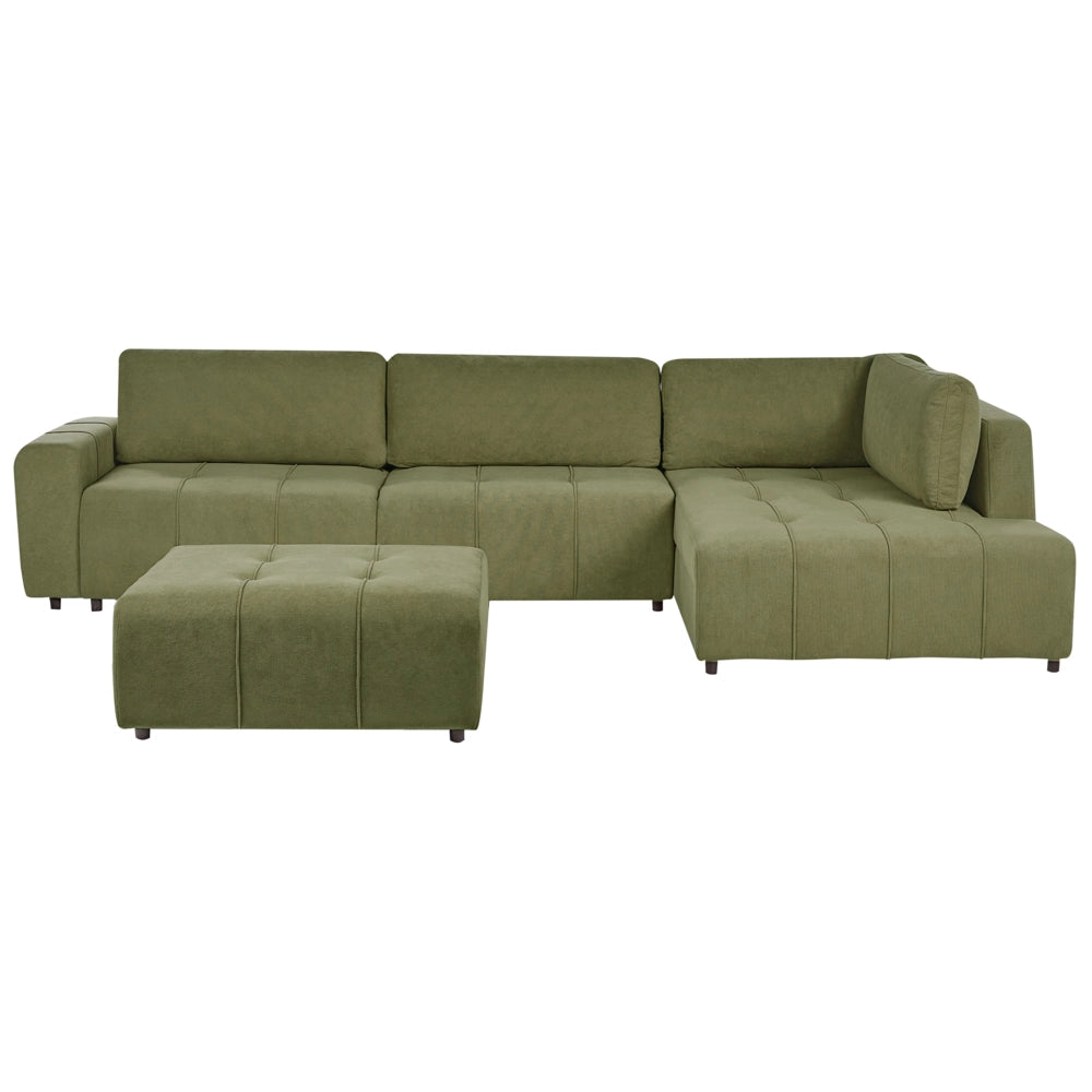 Divano letto a 4 posti ad angolo con rivestimento in tessuto verde a sinistra con contenitore e ottomano spesso imbottito