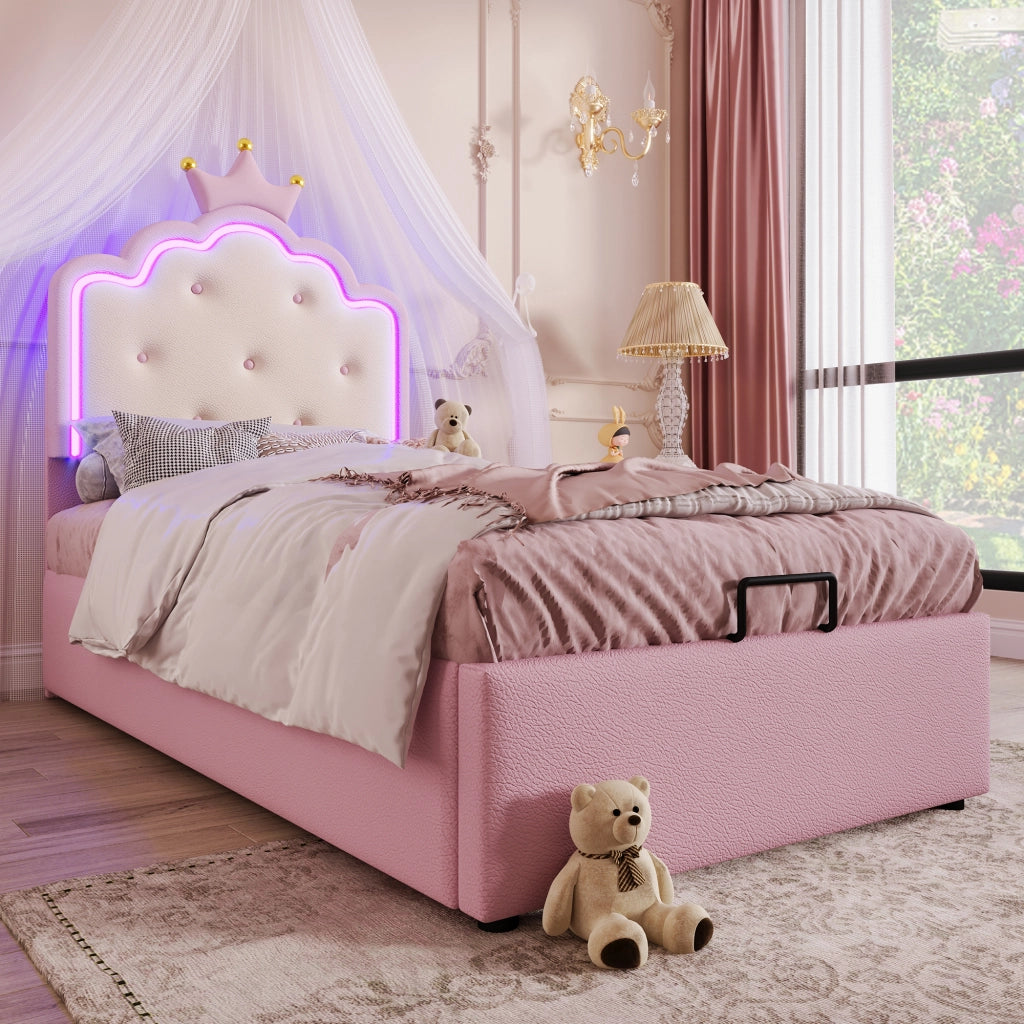Letto imbottito per bambini 90x200 cm con rete a doghe, luce LED ambientale, contenitore idraulico, rosa
