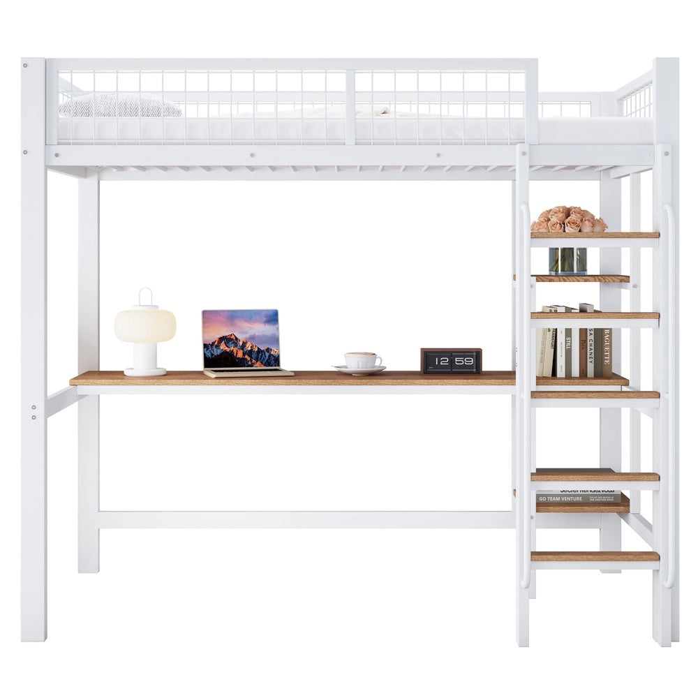 Letto a Castello con Tavolo e Scaffali ¨C MINIMAL ¨C Ferro e MDF, Bianco e Naturale, 90x200