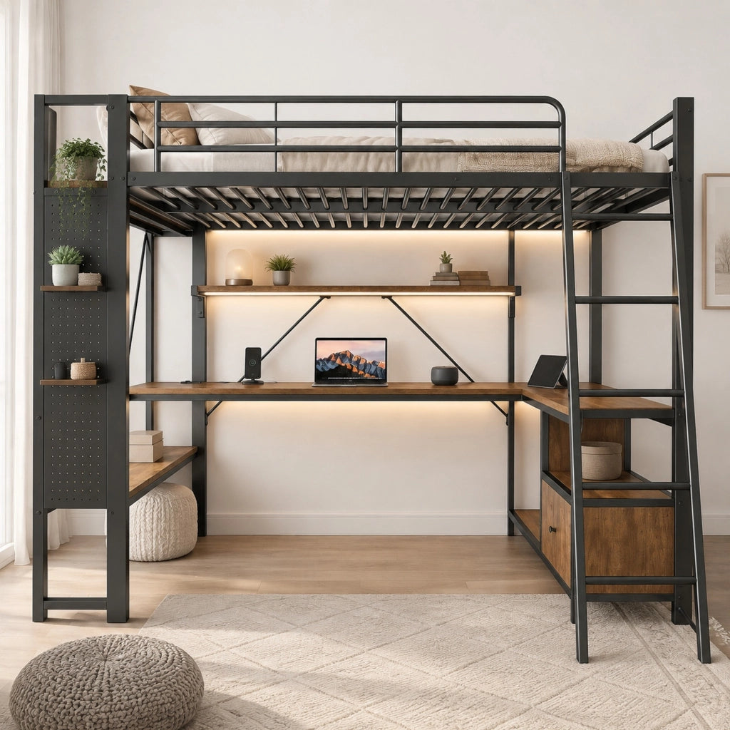 Letto a soppalco 140x200 cm con scrivania LED USB nero