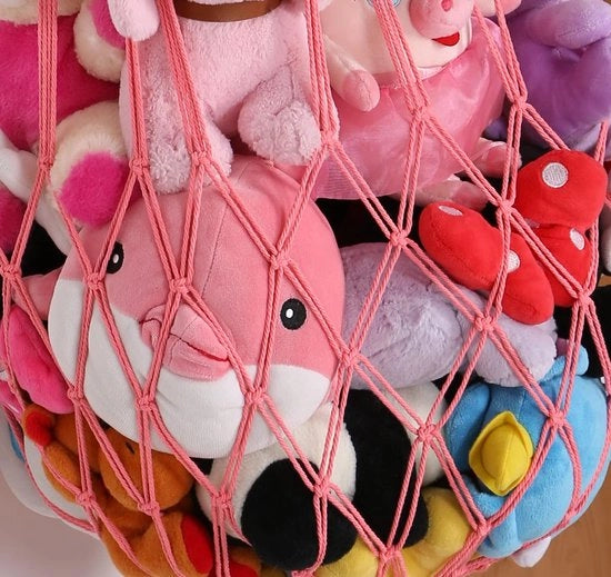 Organizzatore di angolo per bambini con display decorativo macramé, piccoli animali di peluche, grande rete per appendere, decorazione bohemien