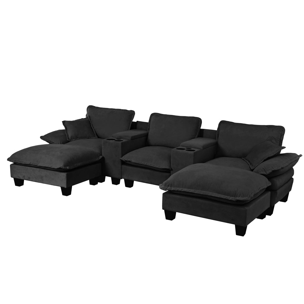 Divano panoramico a U modulare con contenitore; portabicchieri e USB in ciniglia - nero 323×151×90 cm