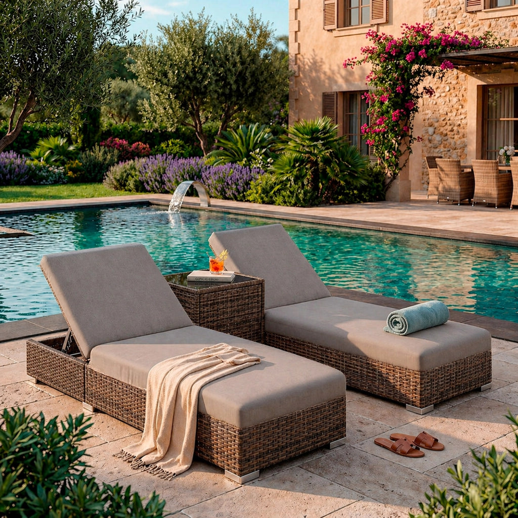 Set 2 Sdraio Prendisole in Polyrattan con Tavolino Contenitore e Cuscini Schienale Reclinabile 5 Posizioni Arredo Giardino Piscina 184x60x21 Cm Marrone Grigio
