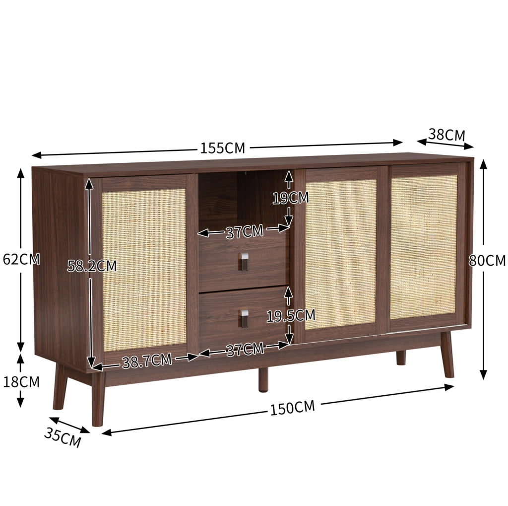 Credenza 155x38x80 cm con 3 ante scorrevoli in rattan e 2 cassetti; MDF e pannello truciolare