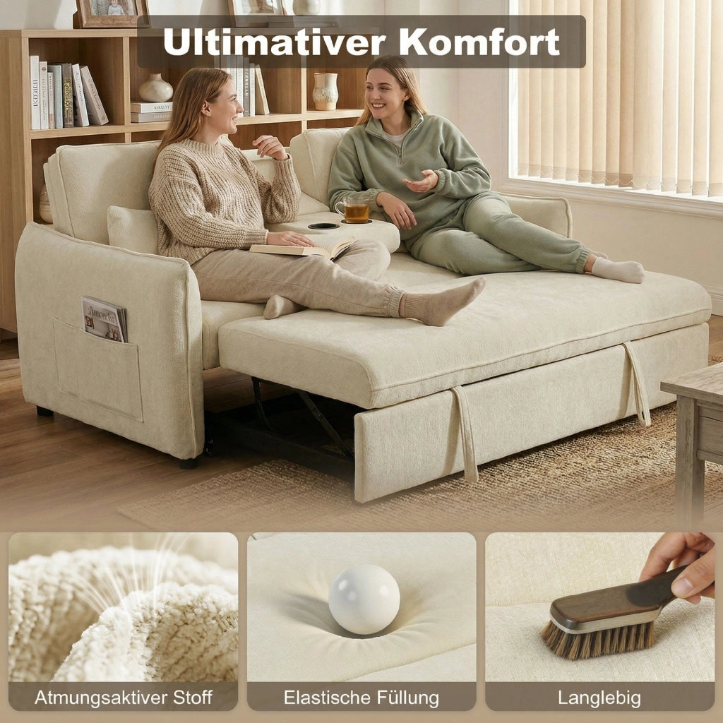 Divano letto 2 posti regolabile con braccioli, portaoggetti e tasche laterali ¨C zephmum ¨C Beige