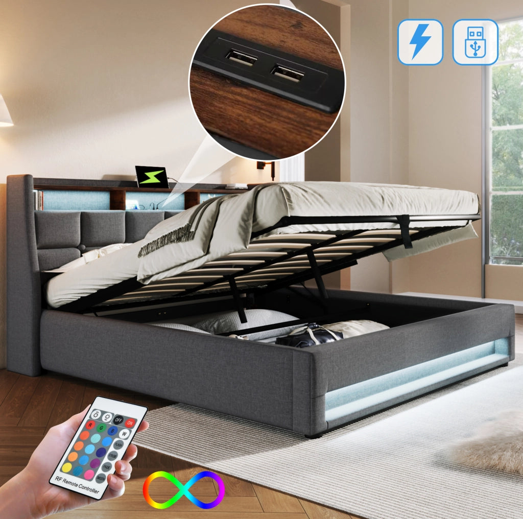 Letto imbottito 140x200 cm grigio con LED, USB e contenitore