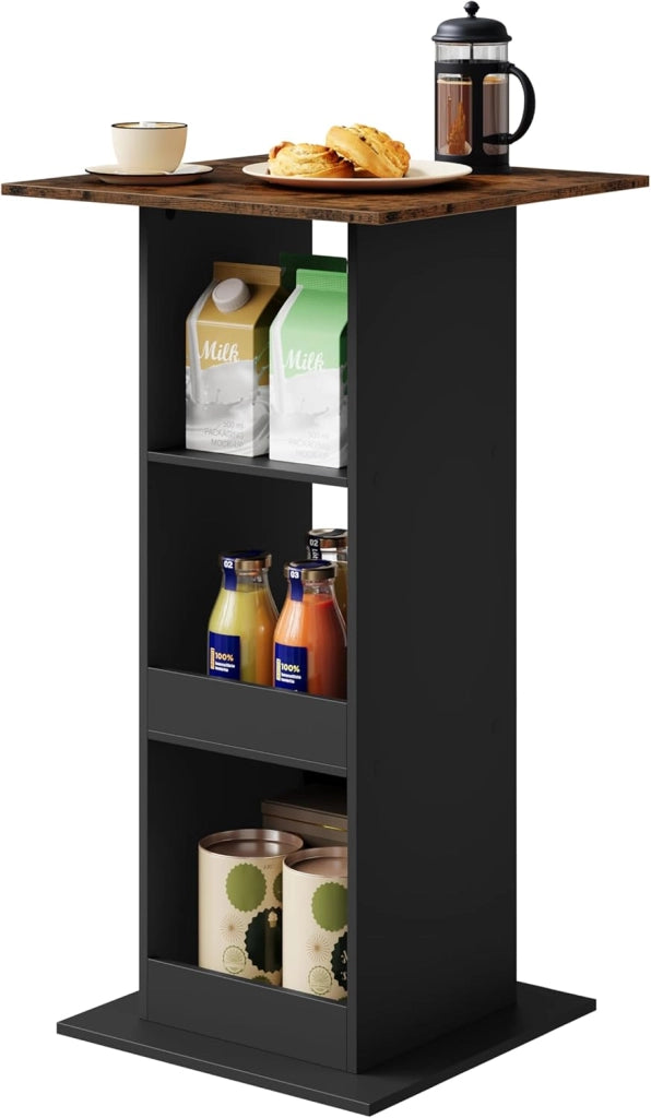 Tavolo da Bar Quadrato, Tavolino Alto e Stretto con 3 Ripiani, Tavolo Alto da Cucina, Sala da Pranzo, Bistrot, in Truciolare, 60x60x109 cm, Marrone Rustico+Nero