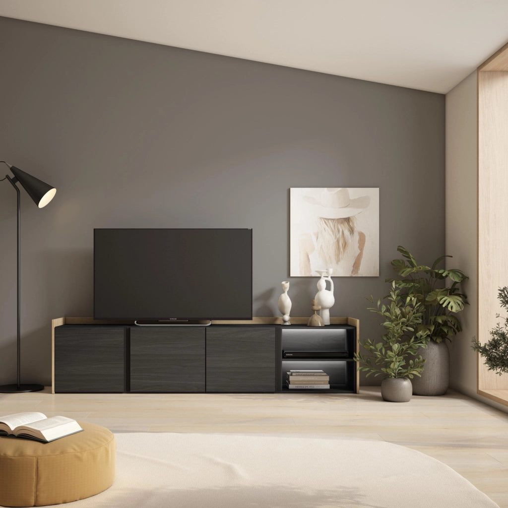 Mobile TV Soggiorno, 207x50x35 cm, Per TV fino a 80", LED, Nero e rovere