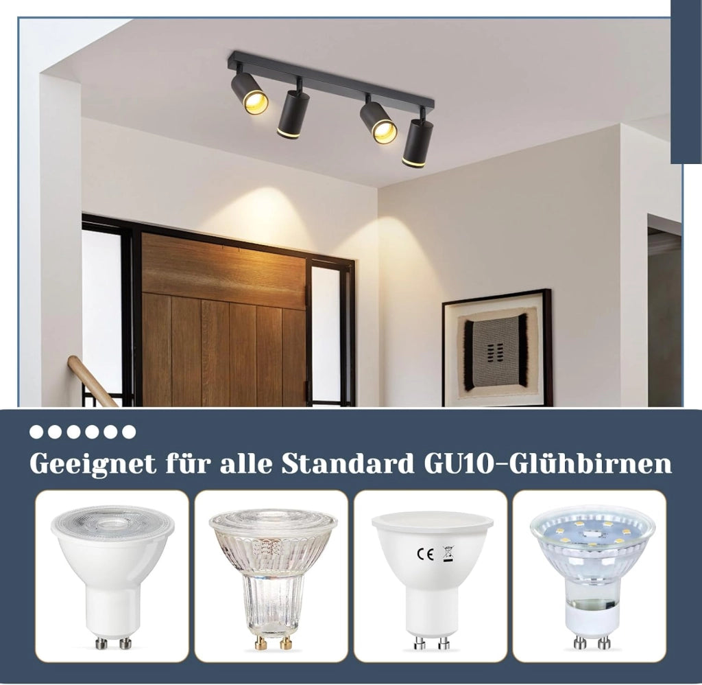 ZMH Faretto da soffitto Nero 4 Luci GU10 Orientabile da Interno in Metallo per Corridoio Soggiorno Senza Lampadine