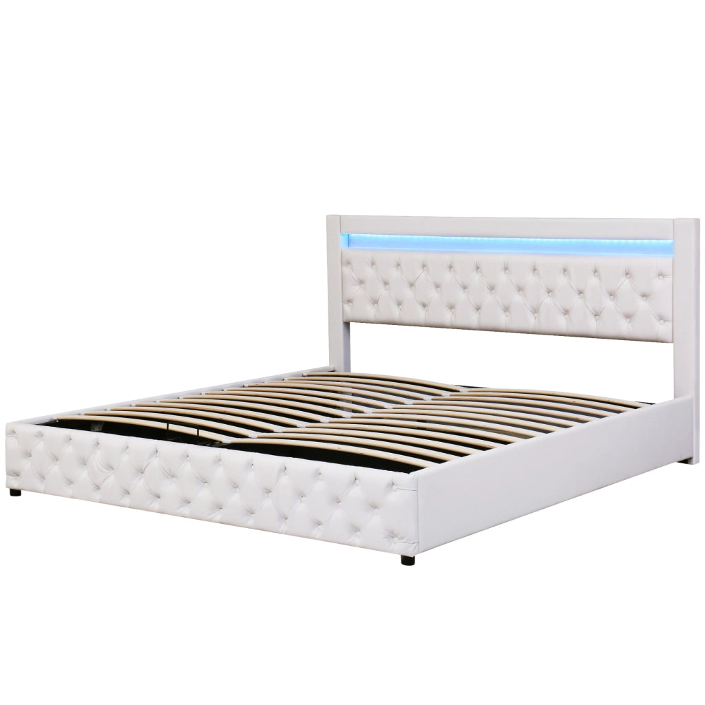 Letto imbottito 180x200 cm in PU bianco con rete a doghe, contenitore, LED e testiera alta