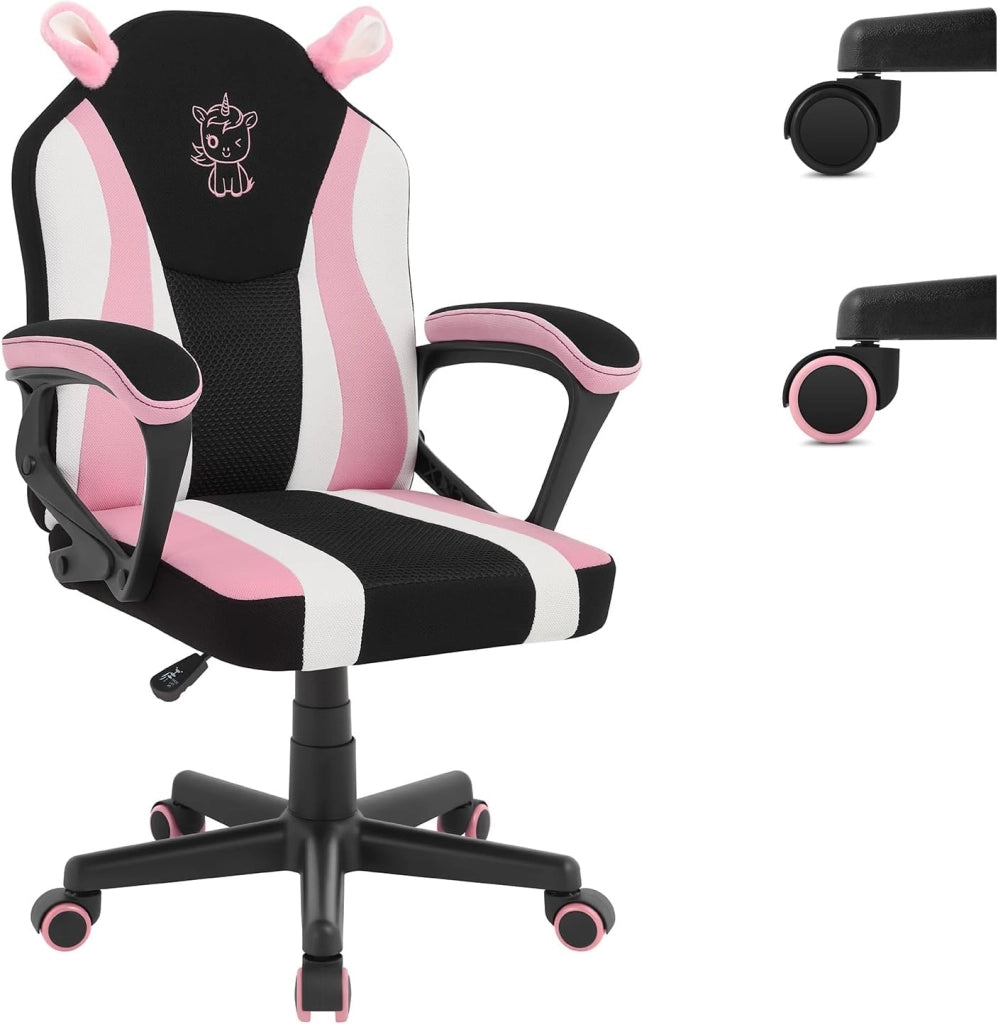 Sedia da gioco per bambini, sedia da scrivania ergonomica per bambini con schienale e braccioli, con ruote alternative ponderate, superficie in tessuto a rete, motivo Unicorno