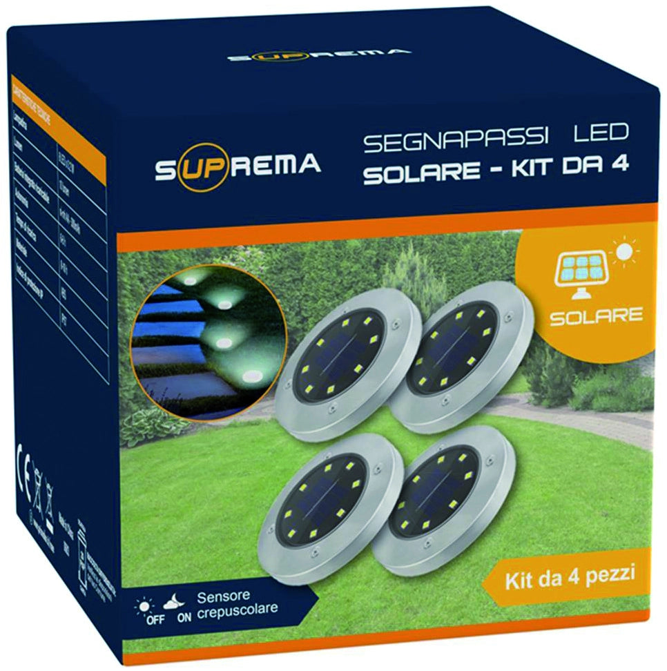Suprema LUCE SOLARE SEGNAPASSO CON SENSORE CREPUSCOLARE 4 PZ, 8 led x 0,2 watt, 10 lumen