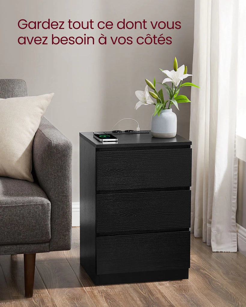 Comodino con multipresa tavolino laterale con 3 cassetti 2 prese CA 2 porte USB frontali dei cassetti smussati per soggiorno camera da letto ufficio moderno nero 12_0007609