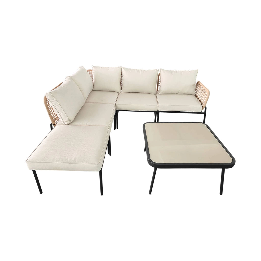 Salotto da giardino angolare in acciaio e corda, 5 posti, beige