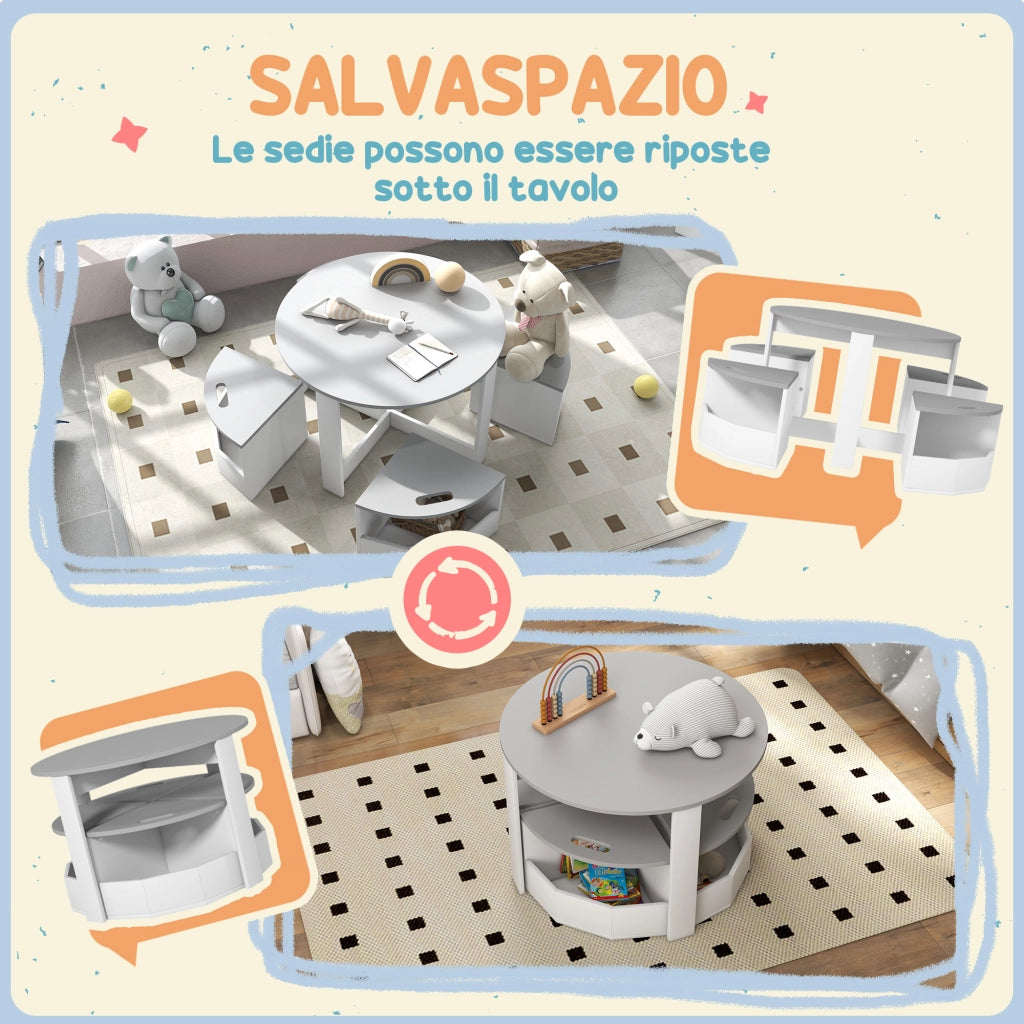 Set con Tavolo per Bambini e 4 Sgabelli Salvaspazio con Vano Contenitore in Legno, Grigio