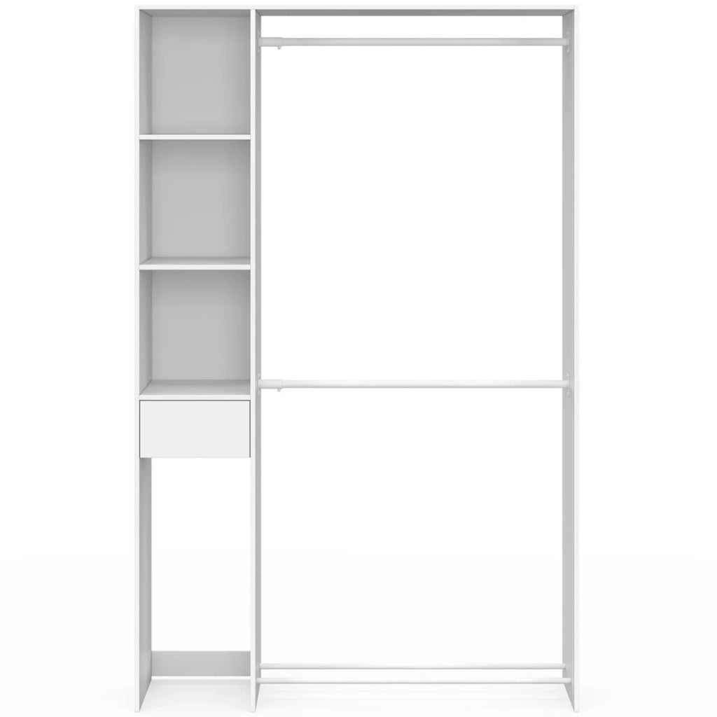 IDMarket - Cabina armadio doppia L. 110 cm MIRTY con ripiani + cassetto + vano porta scarpe bianco