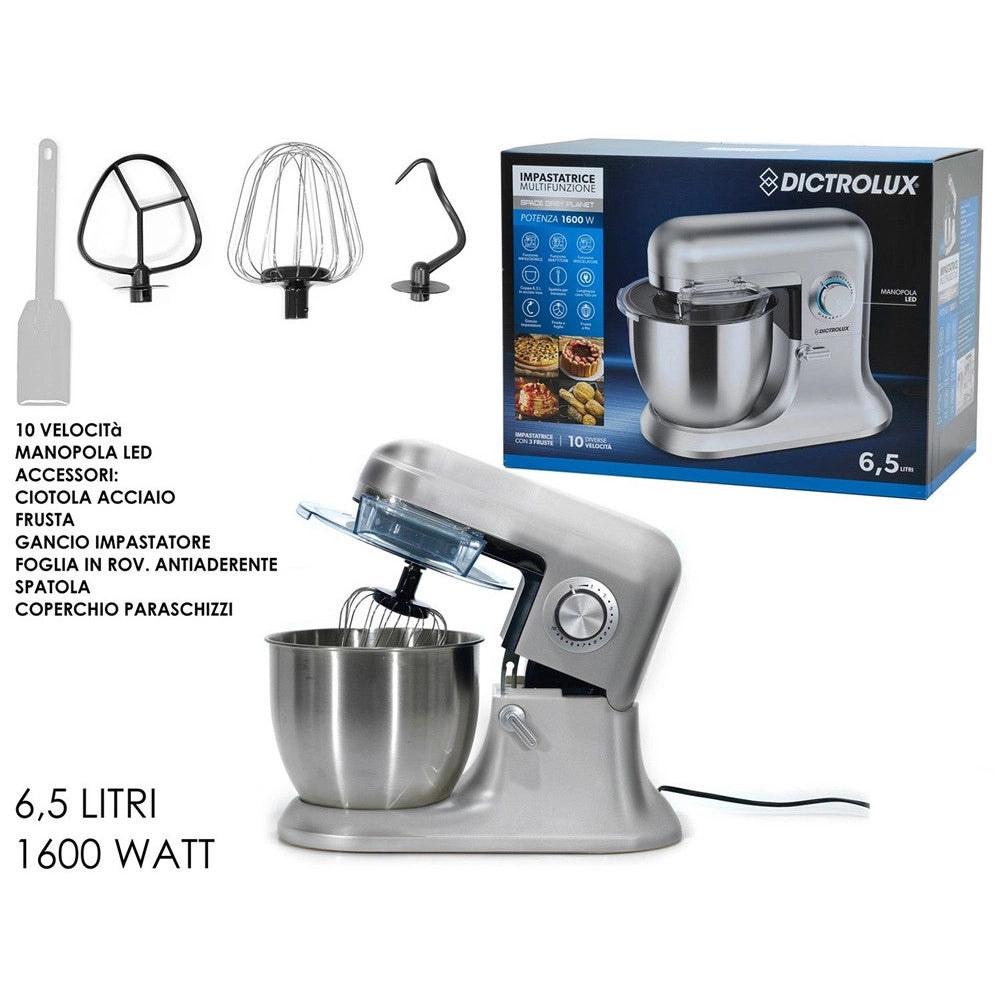 Trade Shop - Impastatrice Planetaria Multifunzione 10 Velocità 3 Fruste Ciotola 6,5lt 1600w Manopola Led -