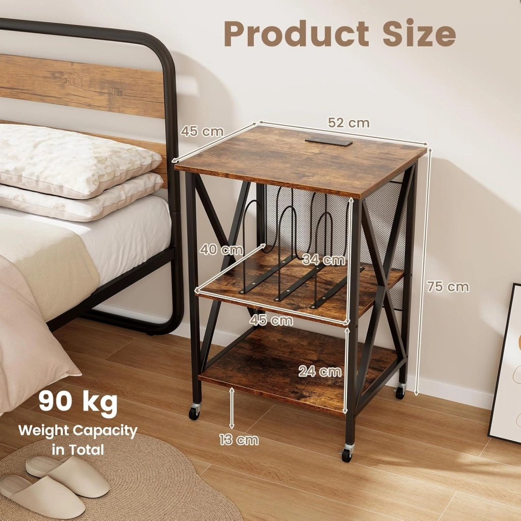 Supporto per Giradischi, Tavolo per Conservare Dischi in Vinile, Tavolo per Giradischi in Stile Mid-Century con Stazione di Ricarica, Ruote Bloccabili per Camera da Letto, Soggiorno (Marrone)