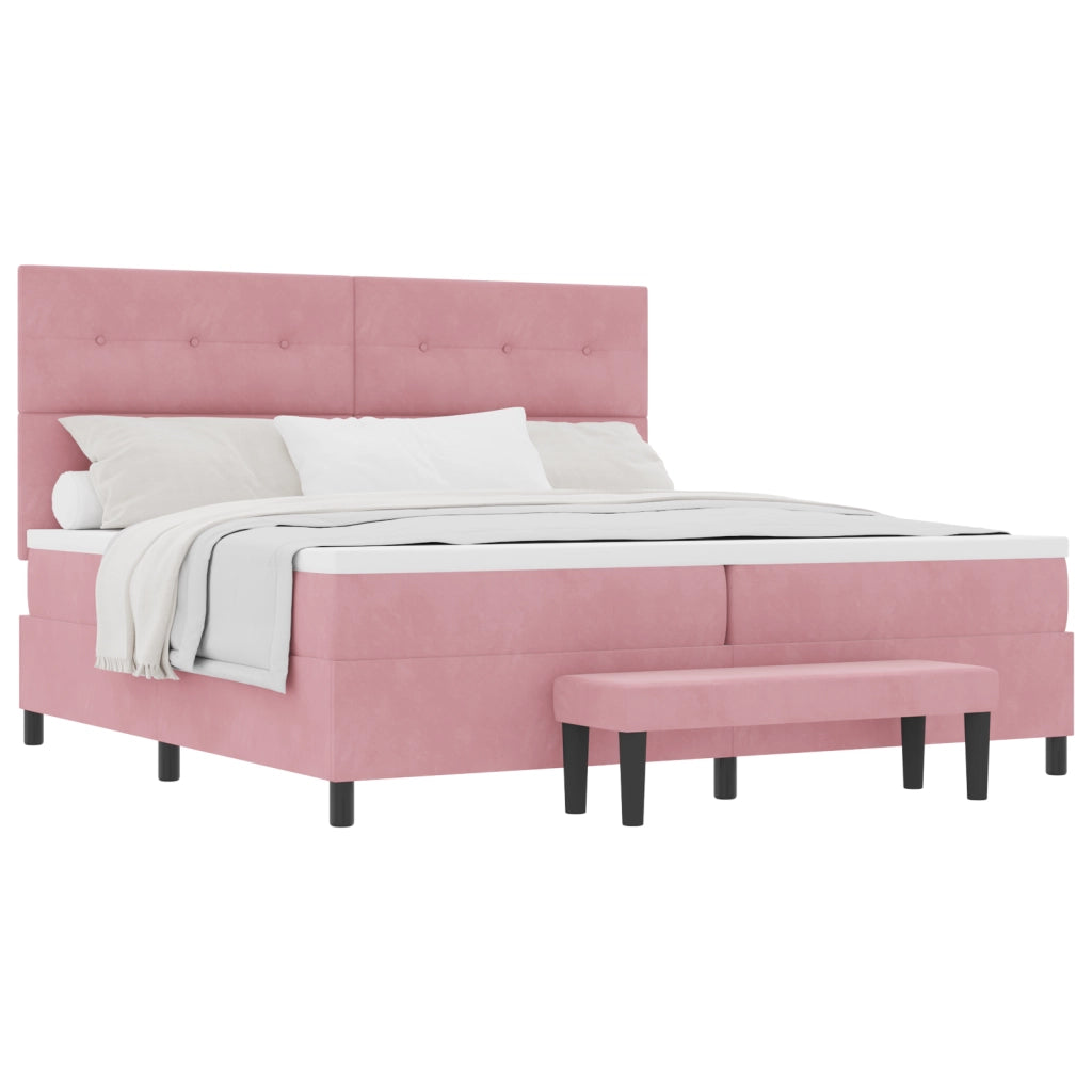 Letto Box Spring con Materasso & Panchina Rosa 200x200 cm Velluto