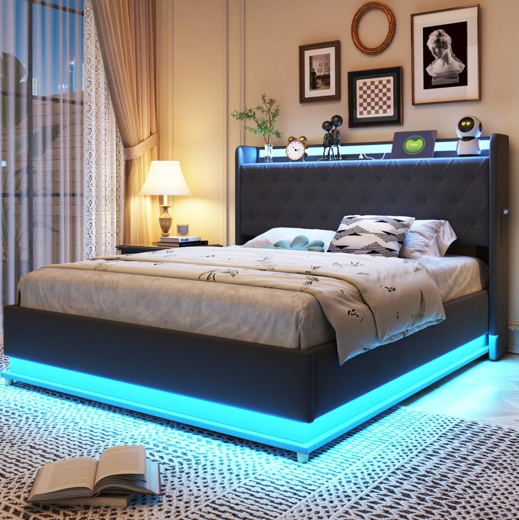 Letto imbottito 140x200 cm con LED, USB e vano contenitore idraulico