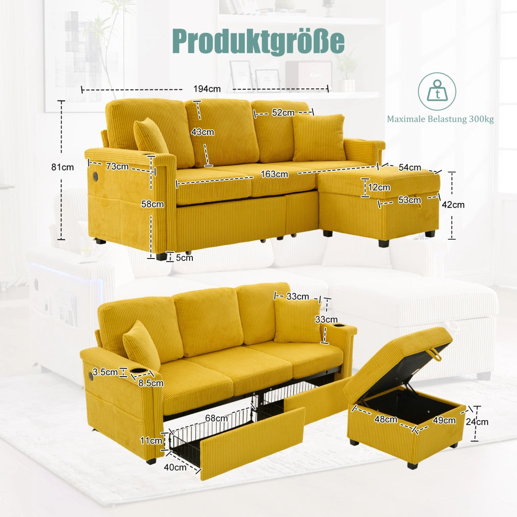 Divano Modulare ad Angolo con LED; USB-C; Contenitore; Portabicchieri e Tasche Laterali in Velluto a Coste Giallo Senape