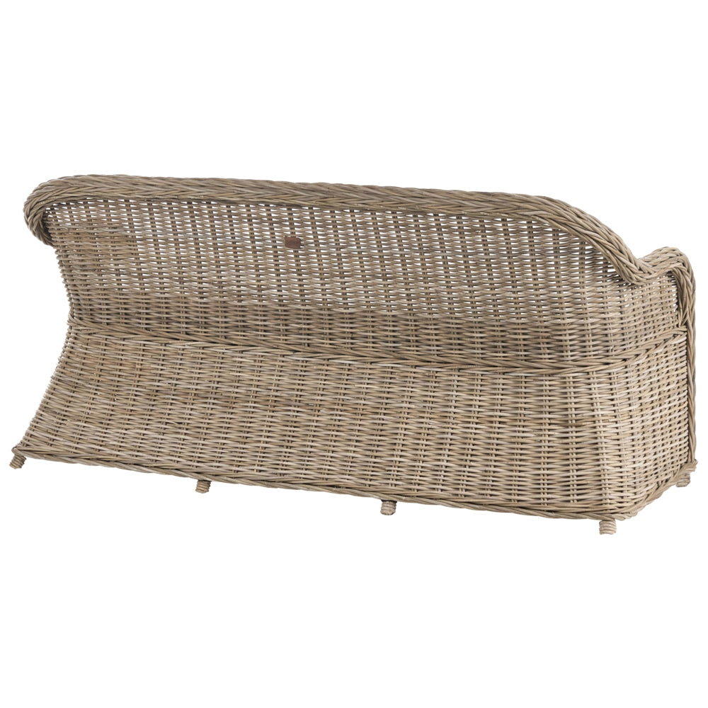 Panca a 3 posti per giardino in rattan naturale con cuscini bianchi e bianco sporco 141 cm stile boho per esterni e interni perfetto per giardino patio o balcone.