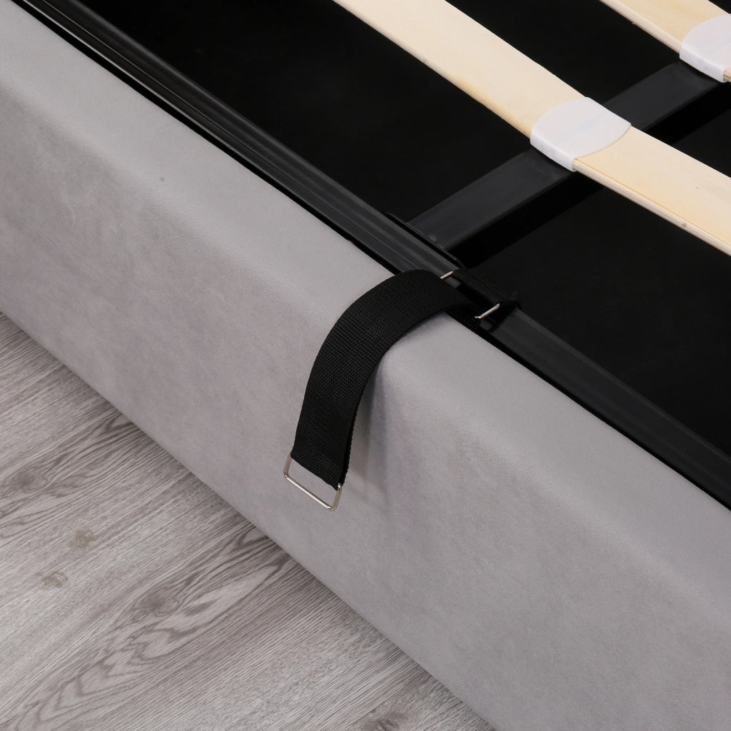 OKWISH Letto Contenitore 140×190 cm, Letto Matrimoniale con Sollevamento Idraulico, Testiera Imbottita e Borchie, senza Materasso, Velluto, Grigio