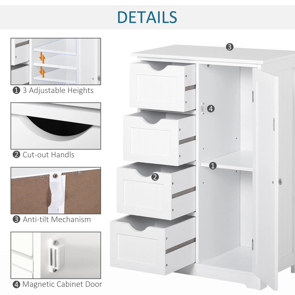 Mobile da Bagno con Anta, 4 Cassetti e Ripiano Regolabile ¨C zephmum ¨C 56x30x83 cm Bianco