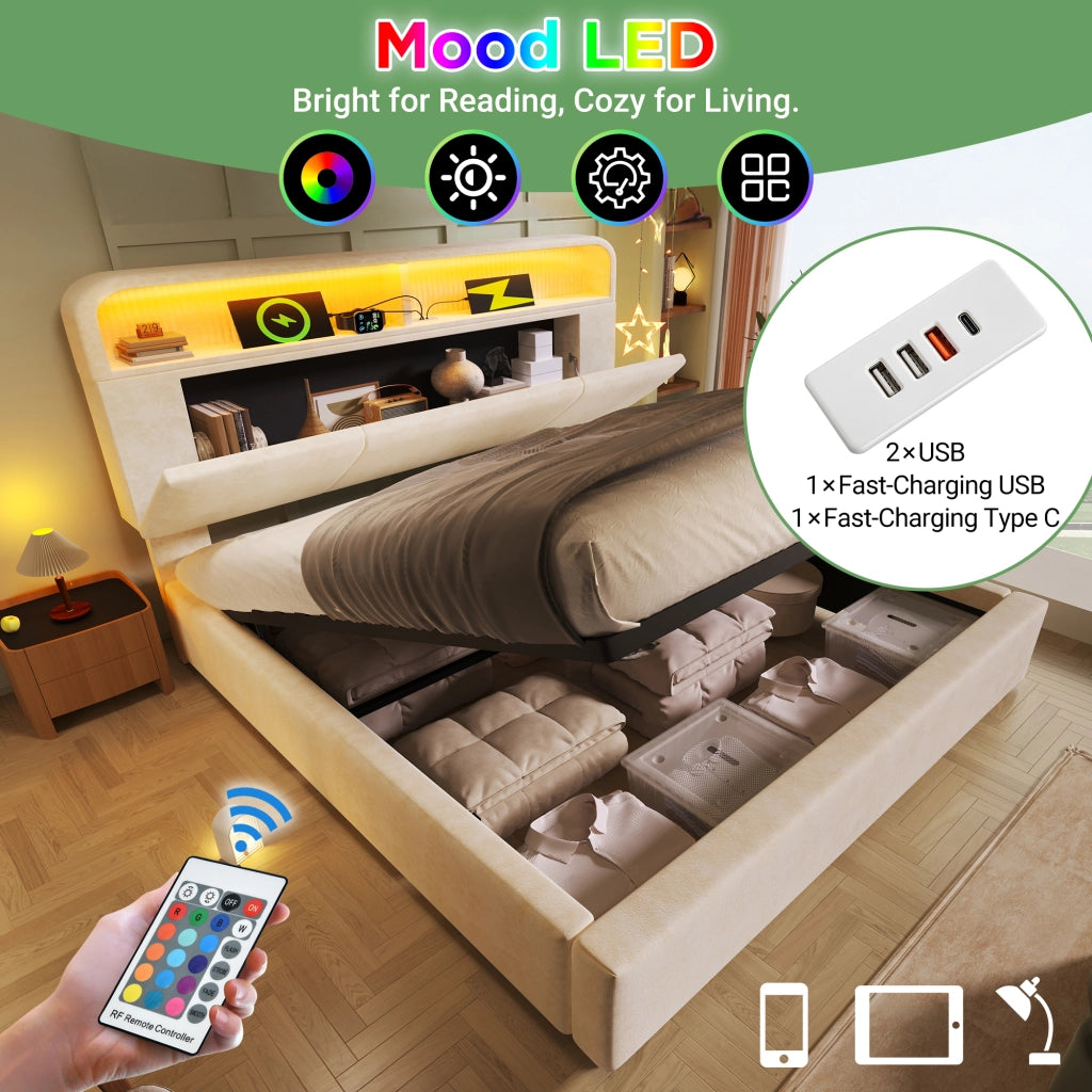 Letto matrimoniale contenitore 160x200 cm con testiera regolabile portaoggetti; LED; USB; USB-C e rete a doghe; velluto beige