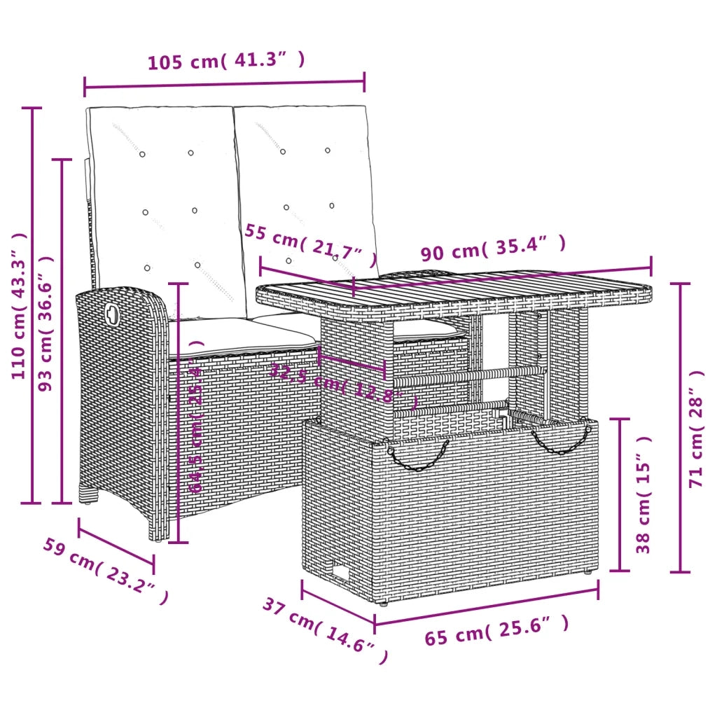 Set da Pranzo da Giardino 2 pz con Cuscini Nero in Polyrattan 3277334
