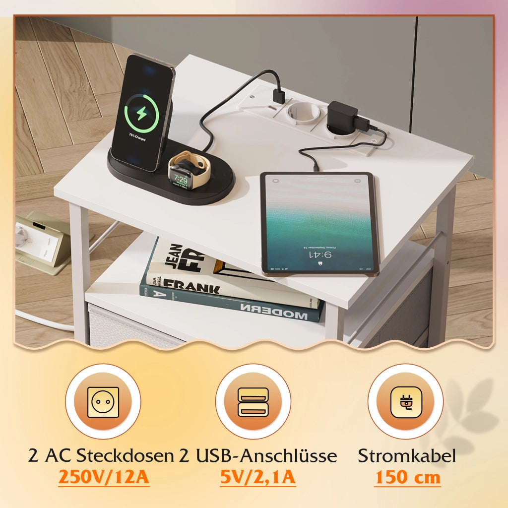 Comodino Bianco con 2 Cassetti in Tessuto e Presa ¨C zephmum ¨C 40x30x60cm