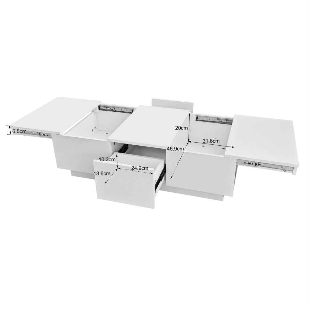 Tavolino da caffè bianco lucido 100x50x31 cm in truciolare con vani push-pull e 2 cassetti