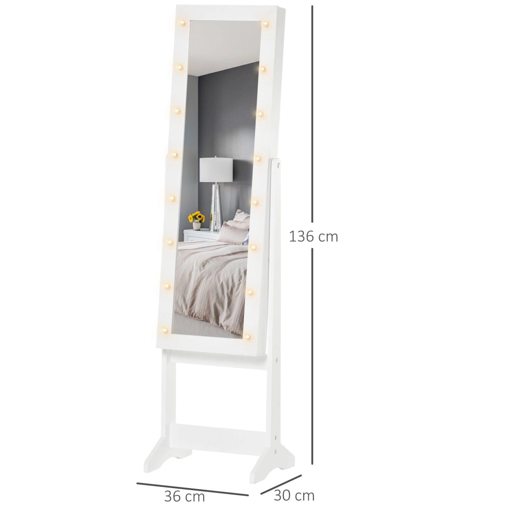 Specchio da Terra Armadio Portagioie Regolabile e Luci LED Bianco 36x30x136 cm