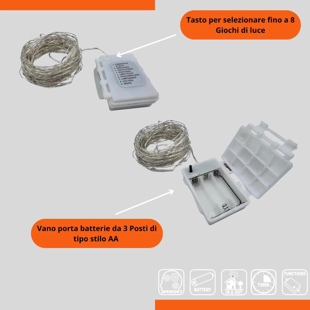 Serie Luci 180 Nano Led Luce Calda da 5 metri a Batteria per Natale Eventi Matrimoni D2877