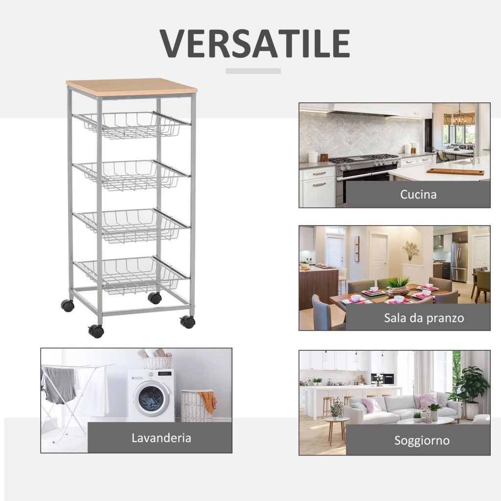 EasyComfort Carrello da Cucina Salvaspazio con 4 Cesti Estraibili in Legno e Acciaio, 36.5x36.5x89 cm, Argento e color Legno