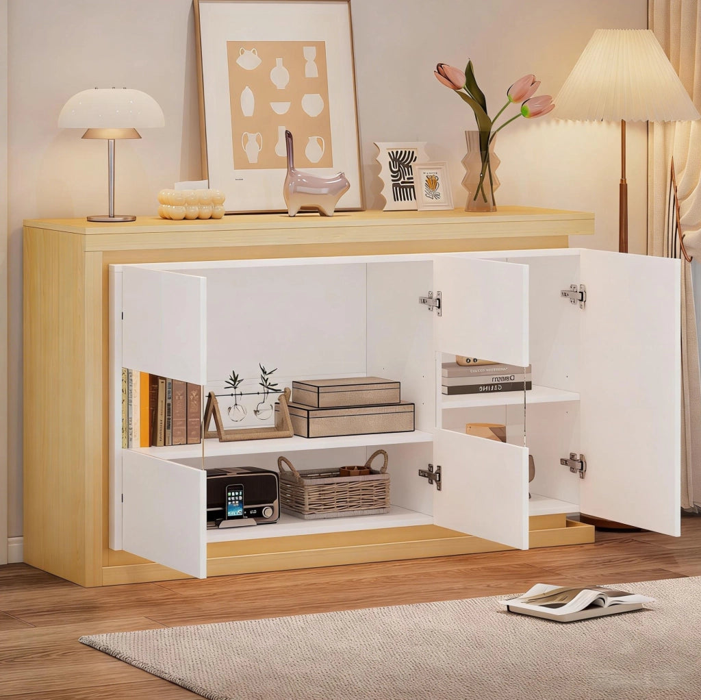 Credenza 140x40x84 cm con LED, vetro temperato e 3 ante
