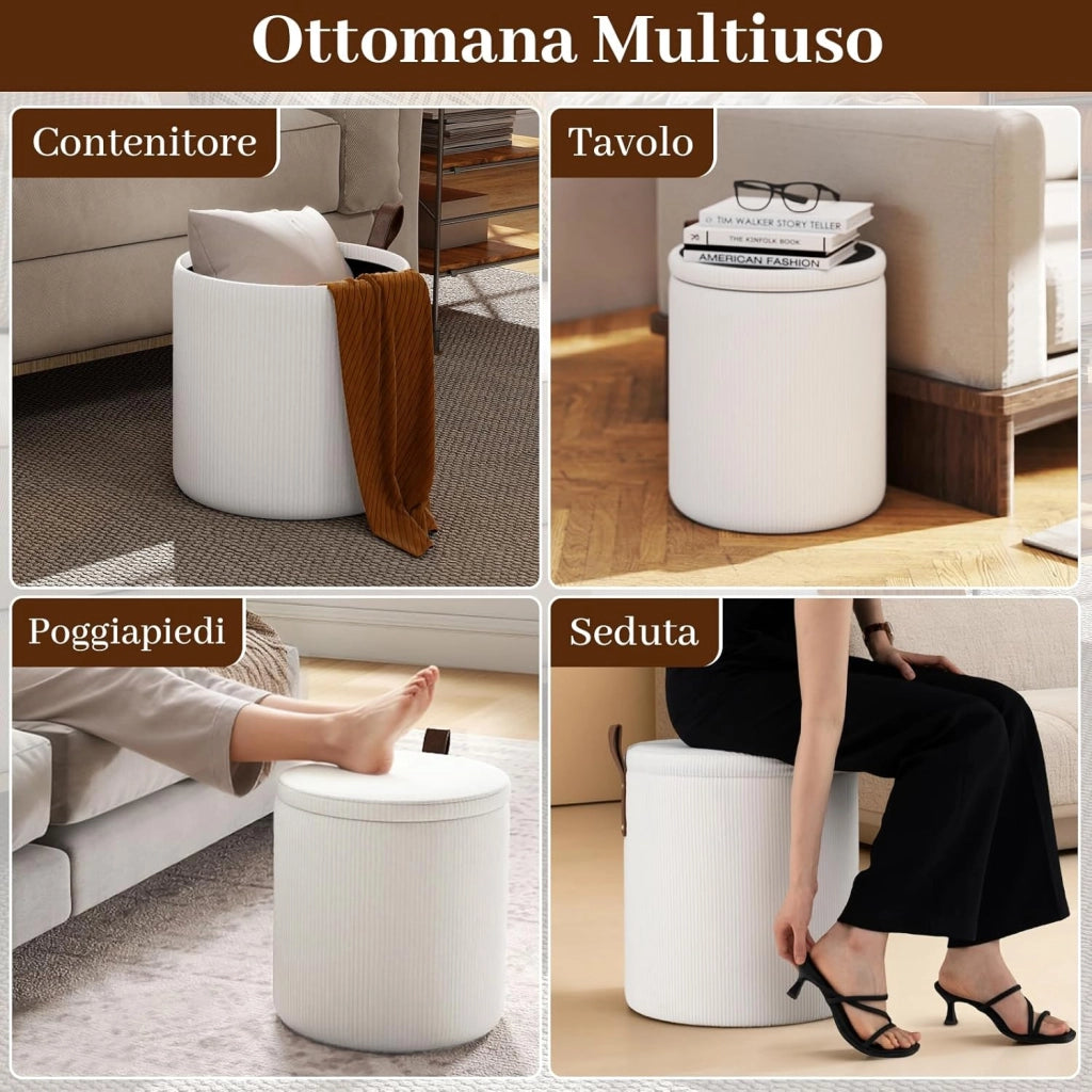 Set di 2 Pouf Contenitore in Velluto, Pouf Rotondi Imbottiti da 40L + 25L, Sgabelli con Contenitore per Soggiorno, Camera da Letto, Portata 150 kg (Bianco)