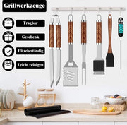 Set di Accessori per Barbecue - Attrezzatura - 26 Pezzi - In Acciaio Inossidabile - Barbecue - Incluso Termometro per Carne e Cassetto di Ripostaggio