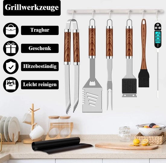 Set di Accessori per Barbecue - Attrezzatura - 26 Pezzi - In Acciaio Inossidabile - Barbecue - Incluso Termometro per Carne e Cassetto di Ripostaggio