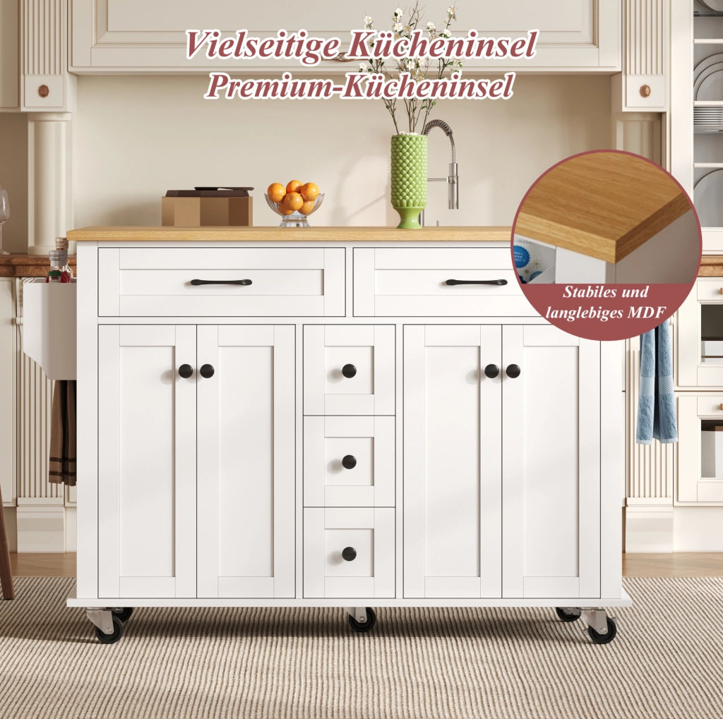 Carrello cucina con piano pieghevole, 5 cassetti e ruote