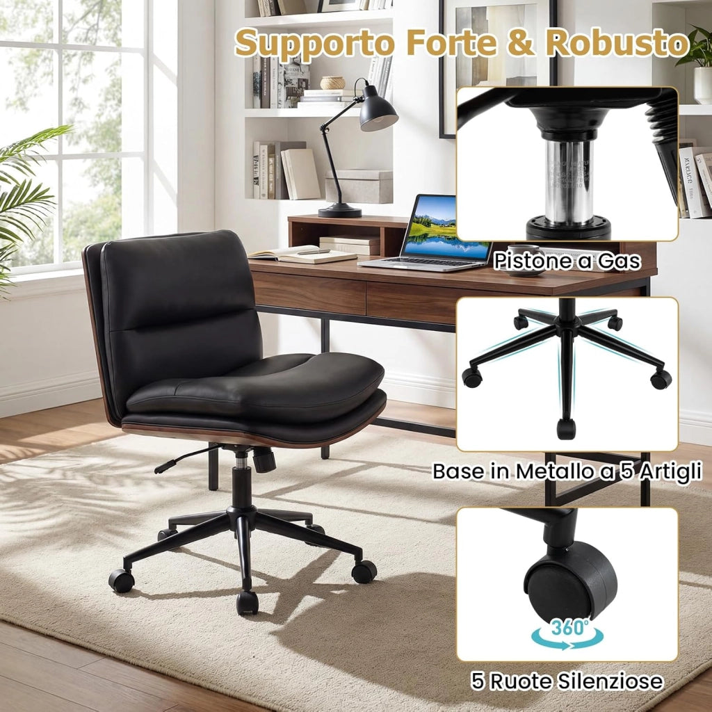 Sedia Ufficio Girevole con Ruote, Sedile Curvo, Schienale Reclinabile, Poltrona Scrivania con Altezza Regolabile, per Lavoro, Studio, Relax, Portata 110 kg (Nero)