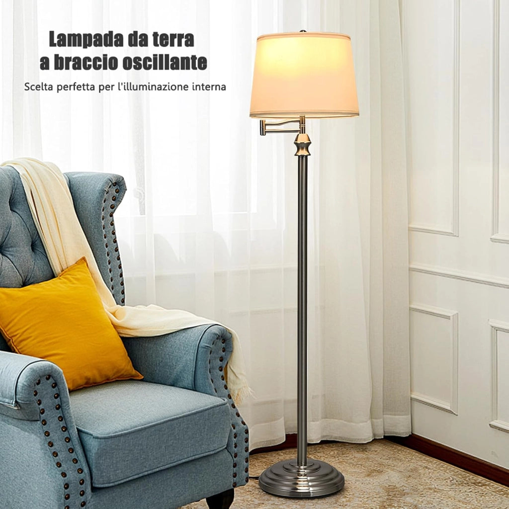 Lampada da Terra Design e Vintage, Lampada a Stelo da Terra con Braccio Girevole, Ideale per Soggiorno, Camera da Letto e Studio, Argento