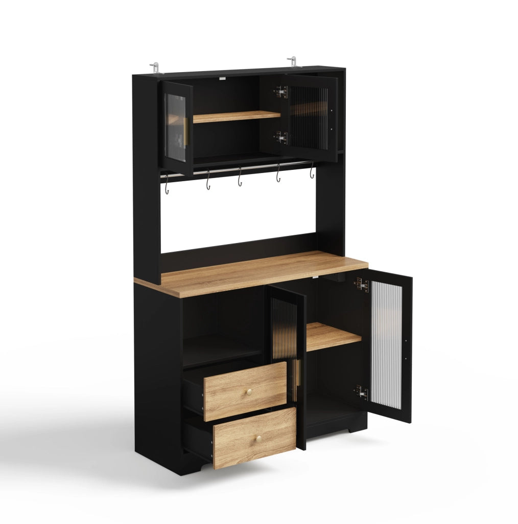 Credenza alta 110x40x178 cm con LED; prese USB e vetrina in MDF nero
