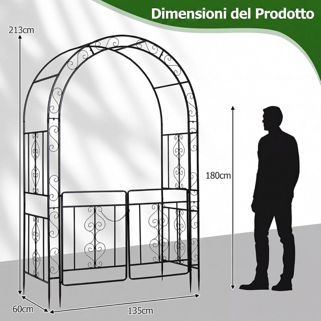 Arco da Giardino con Cancello, Pergolato per Piante Rampicanti | Pergola Decorativa in Metallo con Piedini a Punta e Chiusura, per Rose, Viti e Fiori da Matrimoni e Feste, 135x60x213 cm