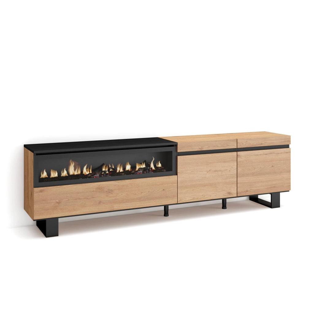 Mobile TV, 200x35x57cm, soggiorno, Per TV fino a 80", Camino elettrico, Design industriale, colore Rovere e nero RF2146
