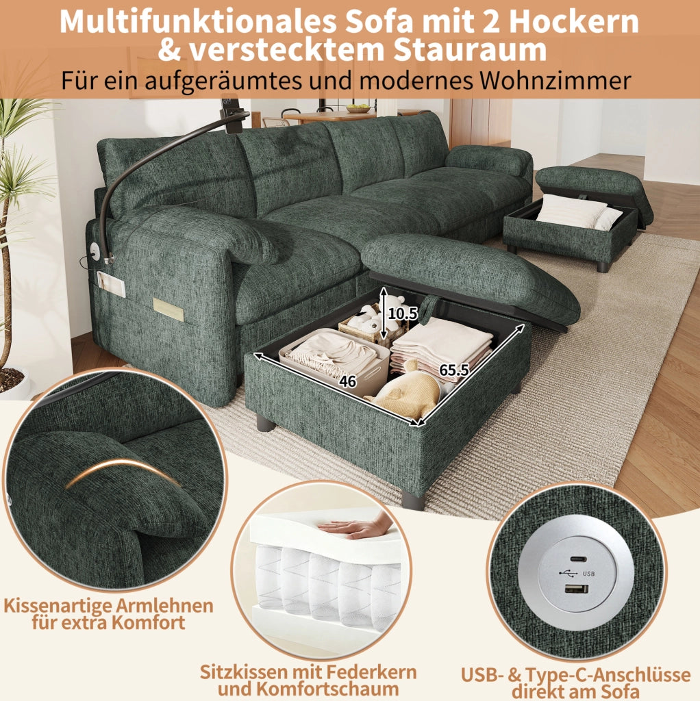 Divano modulare 6 posti configurabile a L/U in ciniglia verde con 2 pouf contenitore USB e Type-C