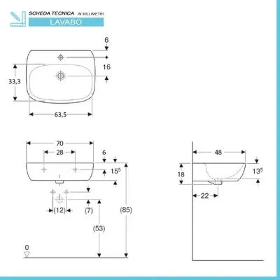 Lavabo sospeso 70 cm Geberit bianco lucido monoforo  Fantasia
