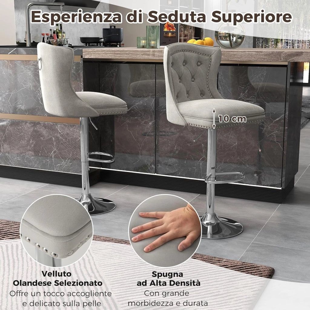 Set 2 Sgabelli da Bar in Velluto 97-117cm, Sedie Regolabili e Girevoli con Poggiapiedi, Schienali e Base in Metallo Elettroplaccata per Casa, Cucina, Pub e Ristorante (Grigio)